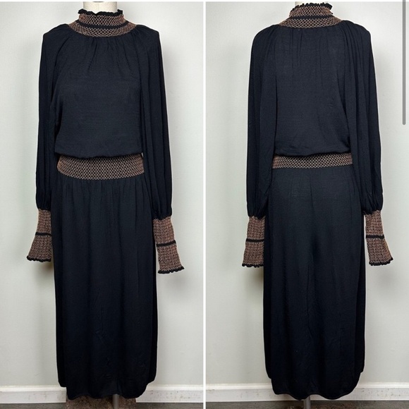 ZARA • High Collar Smocked Black Midi Dress - Picture 4 of 10